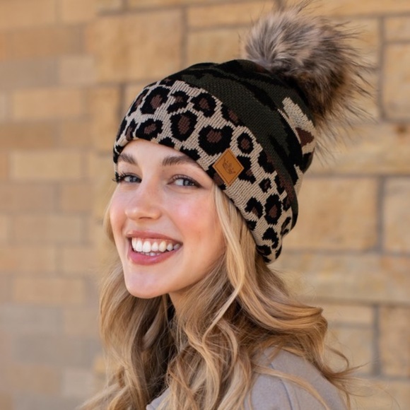 Accessories - SOLD OUT Leopard & Camouflage Fleece Lined Faux Fur Pompom Winter Beanie Knit